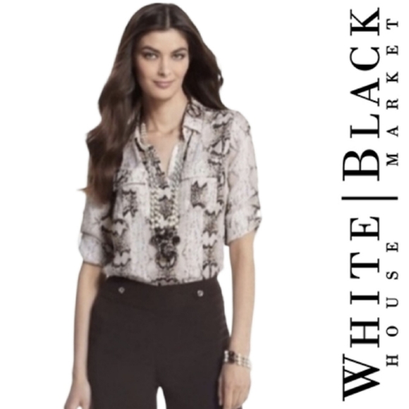 White House Black Market Snakeskin Print Silk Georgette Button Front Popover - Picture 1 of 16